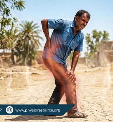 Person experiencing sciatica pain in summer heat, holding lower back and leg with discomfort, highlighting nerve pain aggravated by heat, Physio Resource Lahore