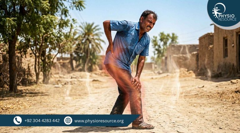 Person experiencing sciatica pain in summer heat, holding lower back and leg with discomfort, highlighting nerve pain aggravated by heat, Physio Resource Lahore