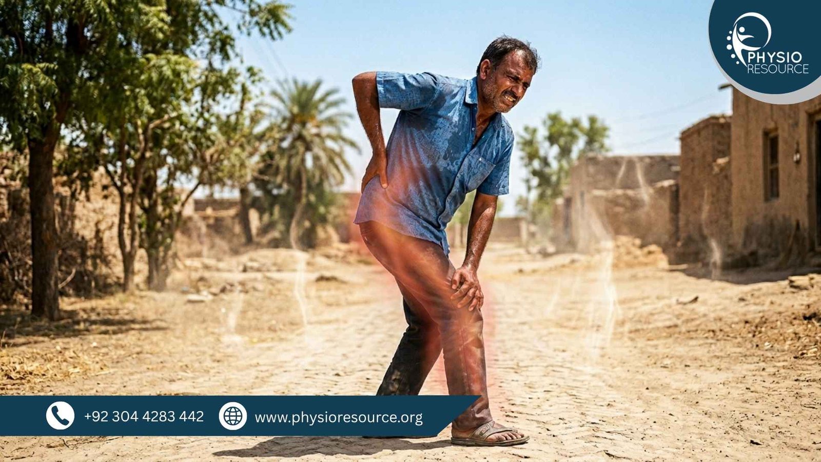 Person experiencing sciatica pain in summer heat, holding lower back and leg with discomfort, highlighting nerve pain aggravated by heat, Physio Resource Lahore