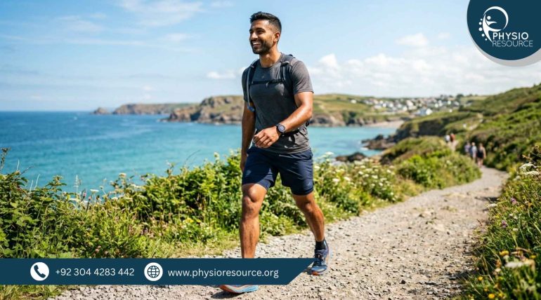 Person maintaining strong and healthy knees while walking and exercising in summer, demonstrating mobility and injury prevention techniques, Physio Resource Lahore