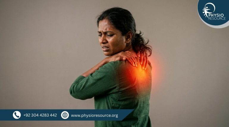 Person experiencing burning sensation in upper back, holding affected area with discomfort, indicating possible muscle strain or nerve irritation, highlighting physiotherapy care at Physio Resource Lahore