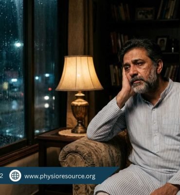 Person experiencing body pain and joint stiffness during rainy weather in Lahore, sitting indoors with visible discomfort, Physio Resource Lahore