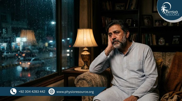 Person experiencing body pain and joint stiffness during rainy weather in Lahore, sitting indoors with visible discomfort, Physio Resource Lahore