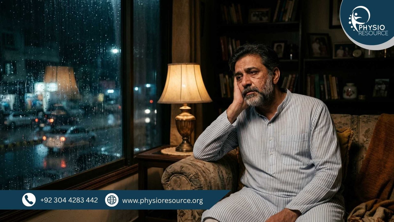 Person experiencing body pain and joint stiffness during rainy weather in Lahore, sitting indoors with visible discomfort, Physio Resource Lahore