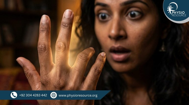 Person experiencing joint clicking in fingers or knee, looking curious and slightly concerned, highlighting common joint sounds without pain, Physio Resource Lahore