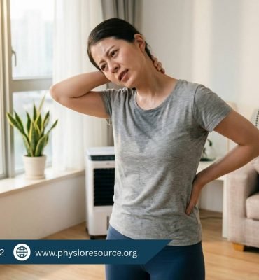 Person experiencing muscle stiffness and neck pain during humid weather, stretching indoors with visible discomfort, Physio Resource