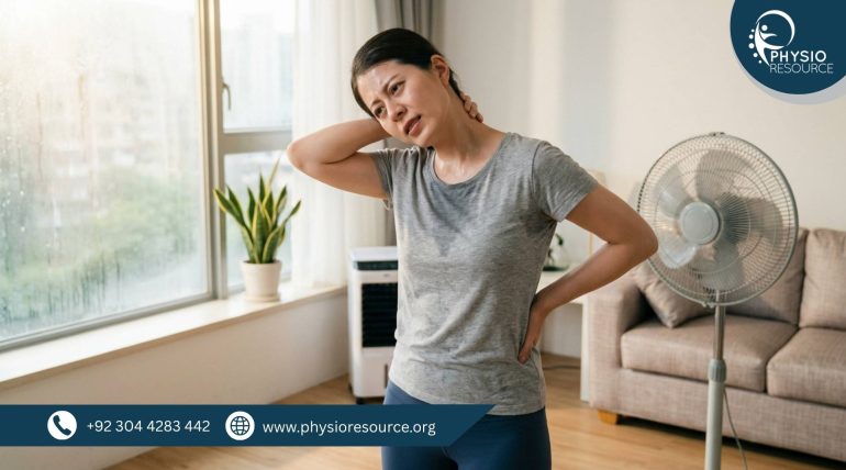 Person experiencing muscle stiffness and neck pain during humid weather, stretching indoors with visible discomfort, Physio Resource