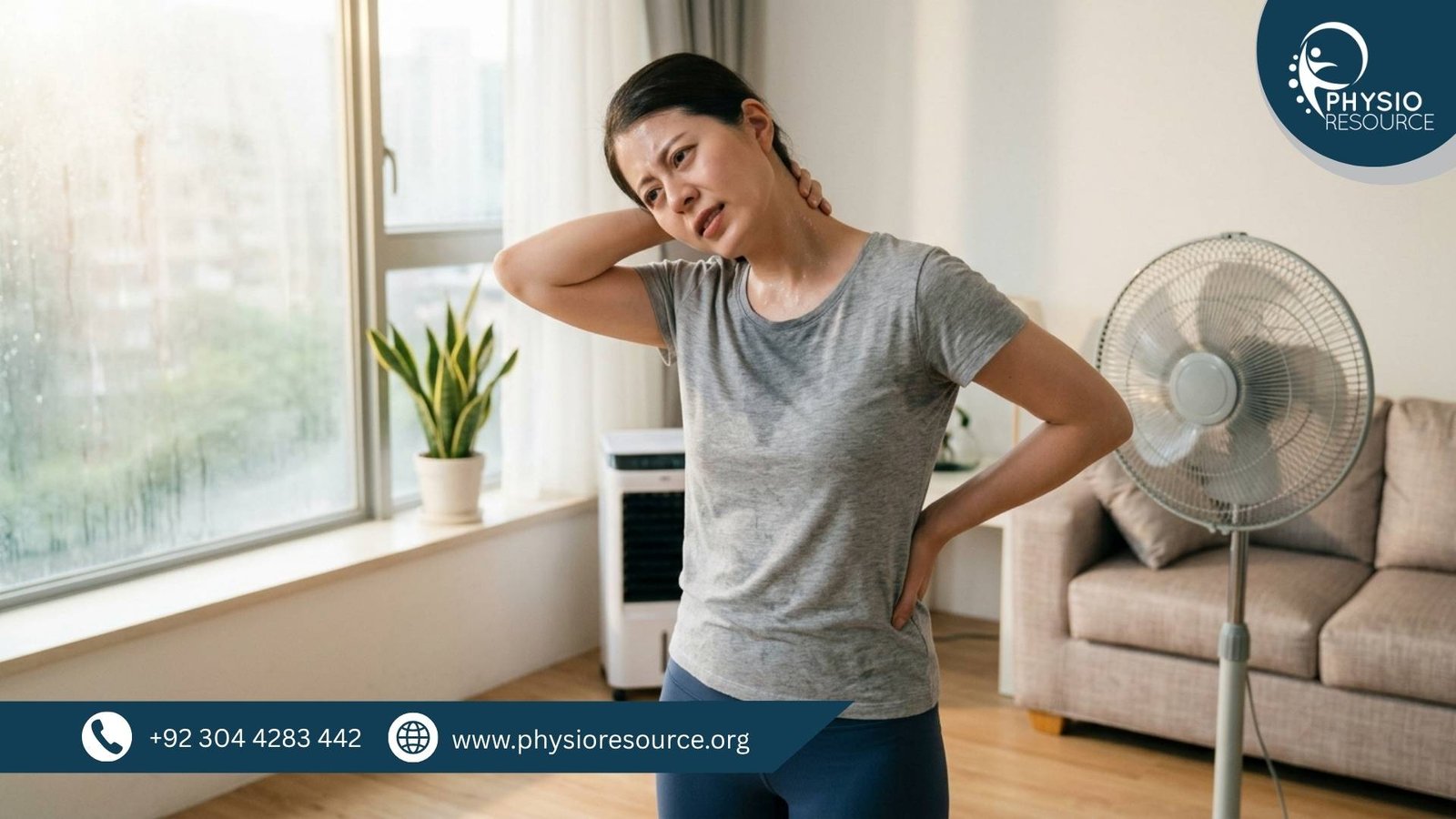Person experiencing muscle stiffness and neck pain during humid weather, stretching indoors with visible discomfort, Physio Resource