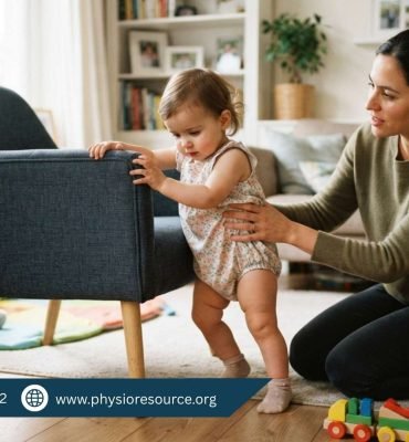 Toddler struggling to walk while holding support with parent nearby, highlighting delayed walking signs in children and need for physiotherapy, Physio Resource