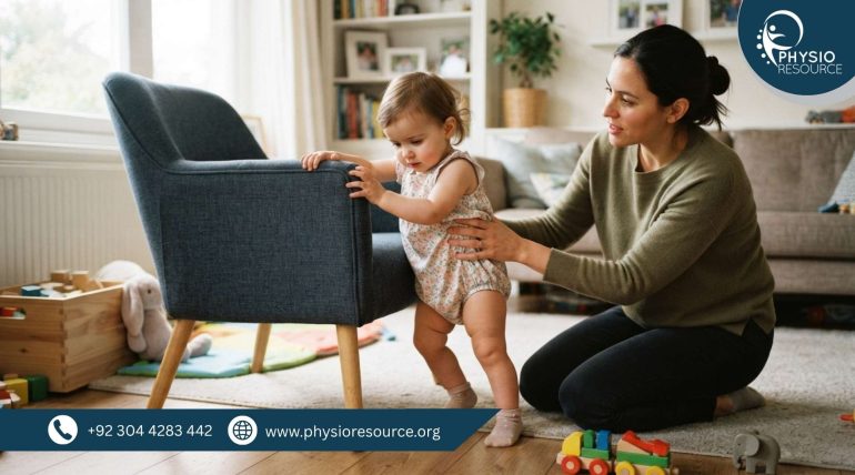 Toddler struggling to walk while holding support with parent nearby, highlighting delayed walking signs in children and need for physiotherapy, Physio Resource