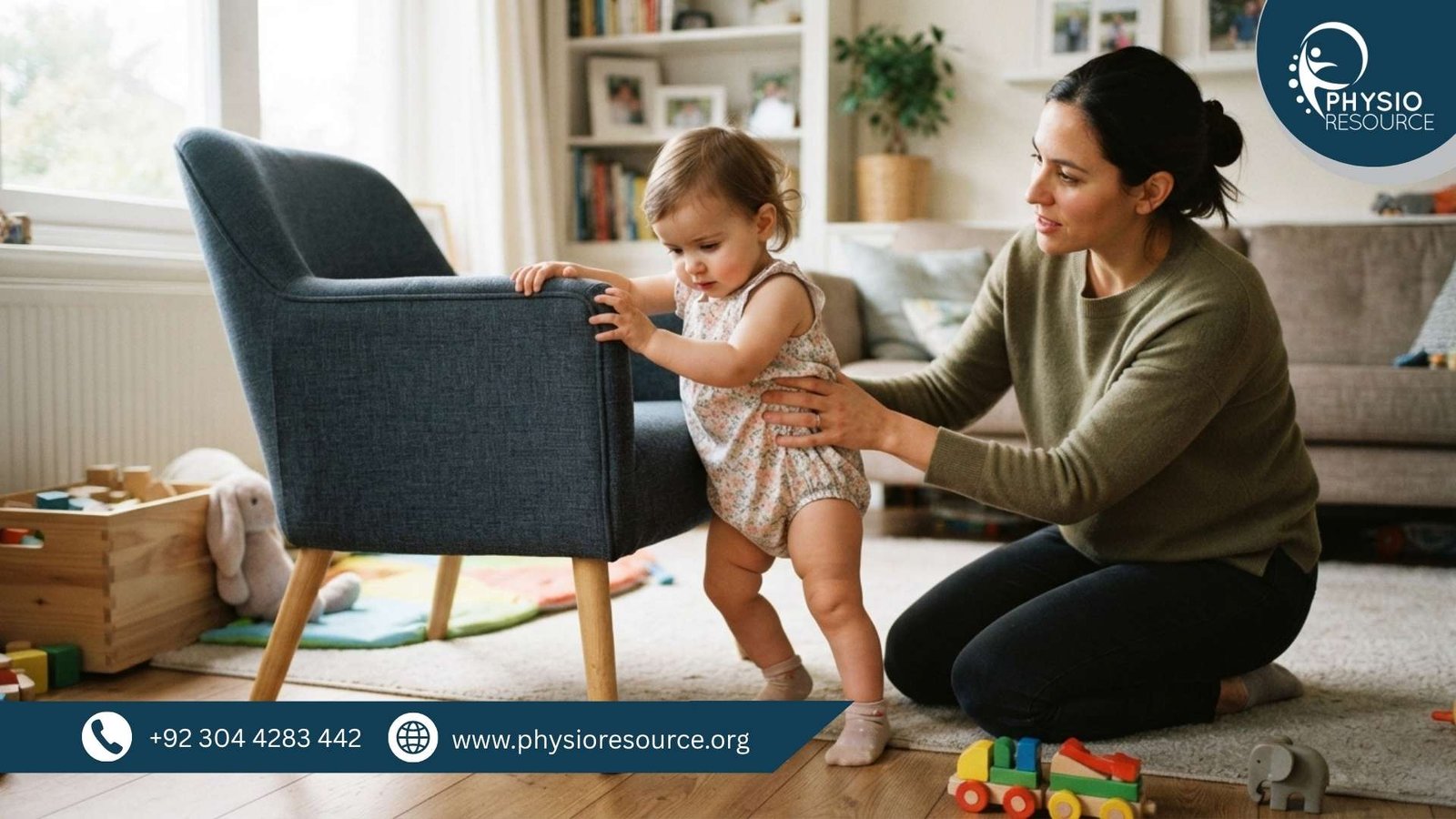 Toddler struggling to walk while holding support with parent nearby, highlighting delayed walking signs in children and need for physiotherapy, Physio Resource