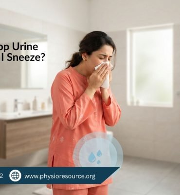 Pakistani woman in modest clothing sneezing and experiencing urine leakage discomfort at home – Physio Resource