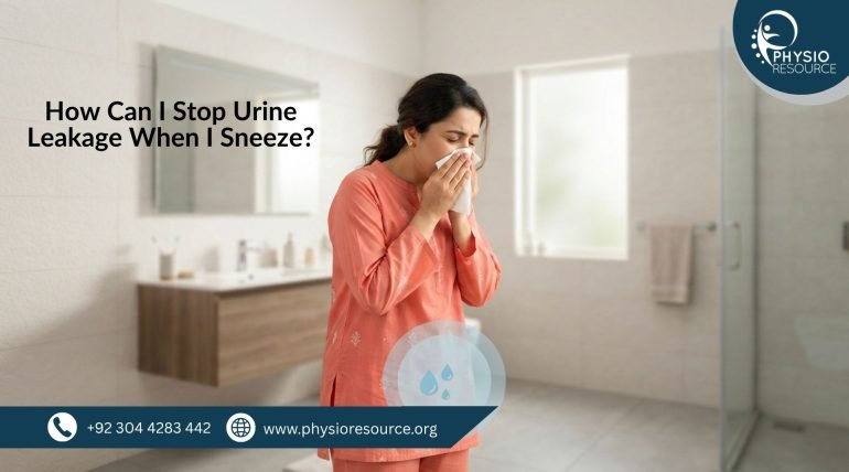 Pakistani woman in modest clothing sneezing and experiencing urine leakage discomfort at home – Physio Resource