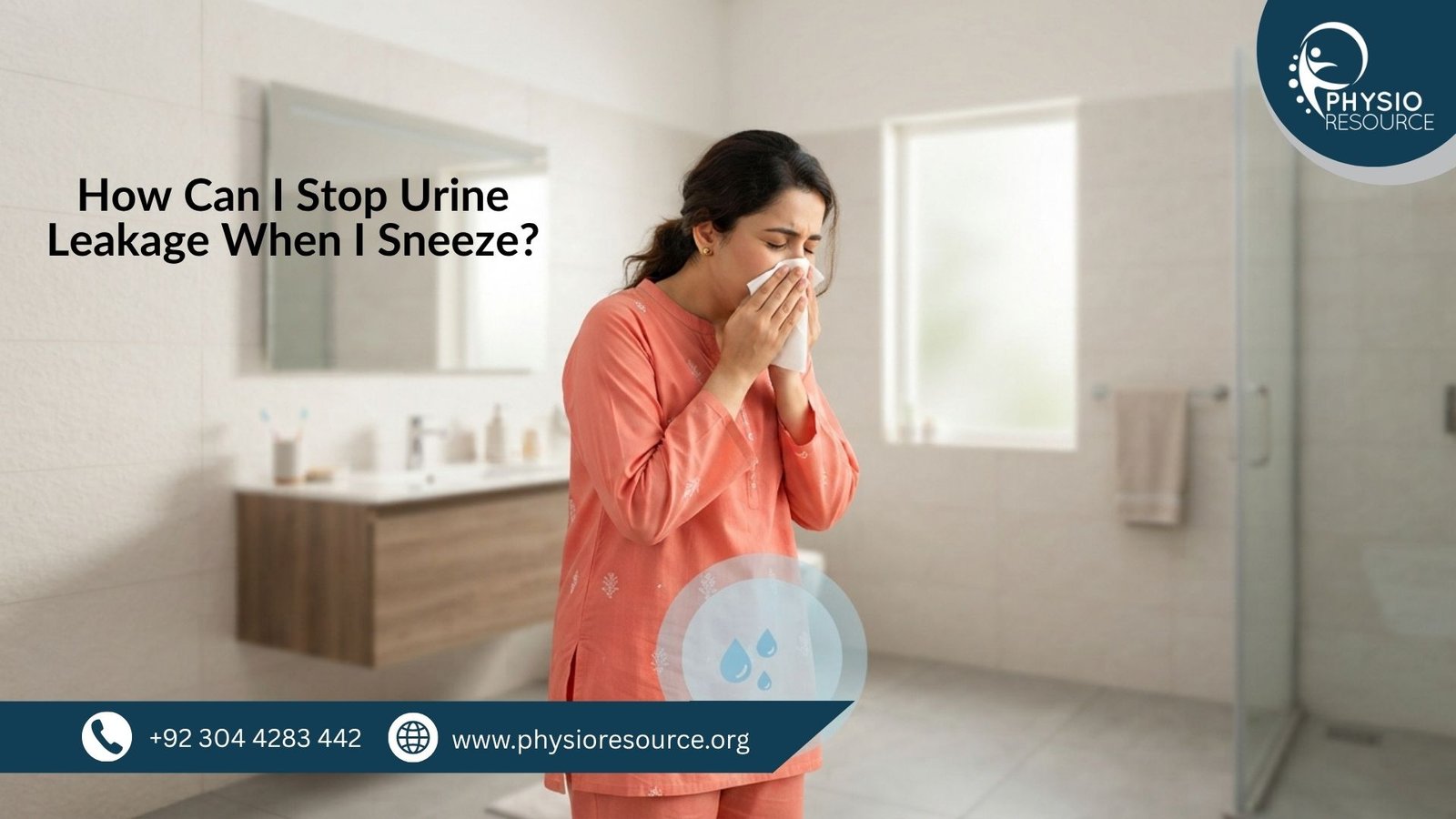 Pakistani woman in modest clothing sneezing and experiencing urine leakage discomfort at home – Physio Resource