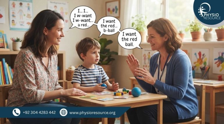 Child with stammering speaking slowly with supportive parent guidance, early speech therapy support – PhysioResource