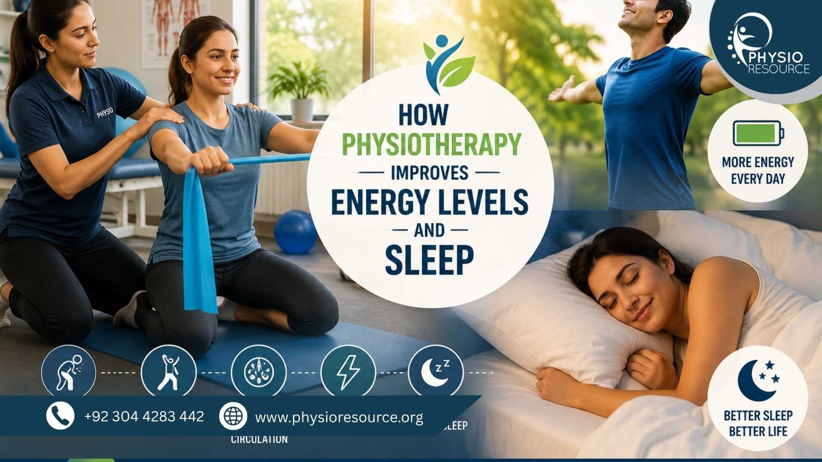 Person performing physiotherapy exercises and relaxing afterward, showing improved energy levels and better sleep quality, Physio Resource