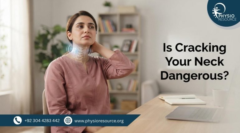 Pakistani adult gently cracking neck with slight discomfort in home or office setting – Physio Resource