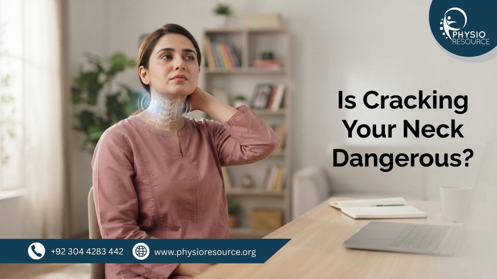 Pakistani adult gently cracking neck with slight discomfort in home or office setting – Physio Resource