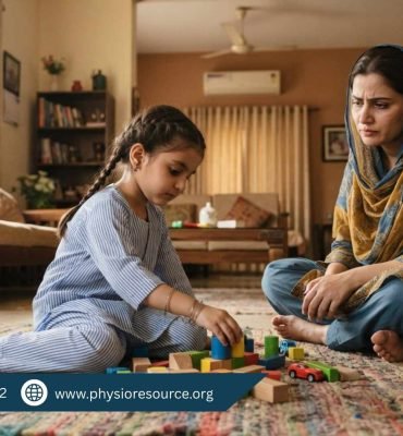 Pakistani child sitting in W position while playing on floor with concerned mother nearby, highlighting poor sitting posture and need for pediatric physiotherapy, Physio Resource