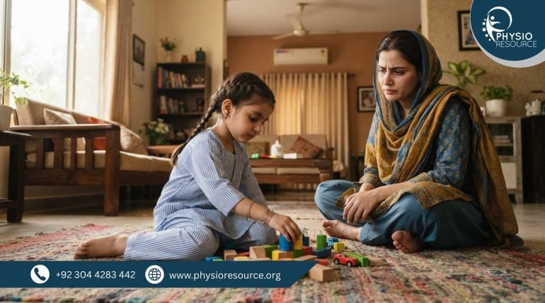 Pakistani child sitting in W position while playing on floor with concerned mother nearby, highlighting poor sitting posture and need for pediatric physiotherapy, Physio Resource