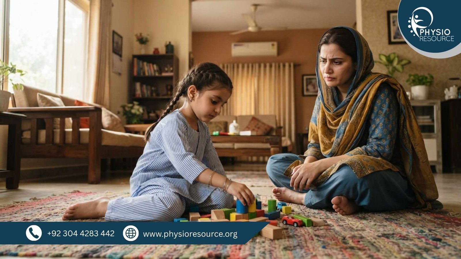 Pakistani child sitting in W position while playing on floor with concerned mother nearby, highlighting poor sitting posture and need for pediatric physiotherapy, Physio Resource