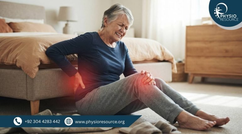 Person experiencing back and joint stiffness after a fall, showing pain and limited movement, highlighting warning signs needing physiotherapy, Physio Resource