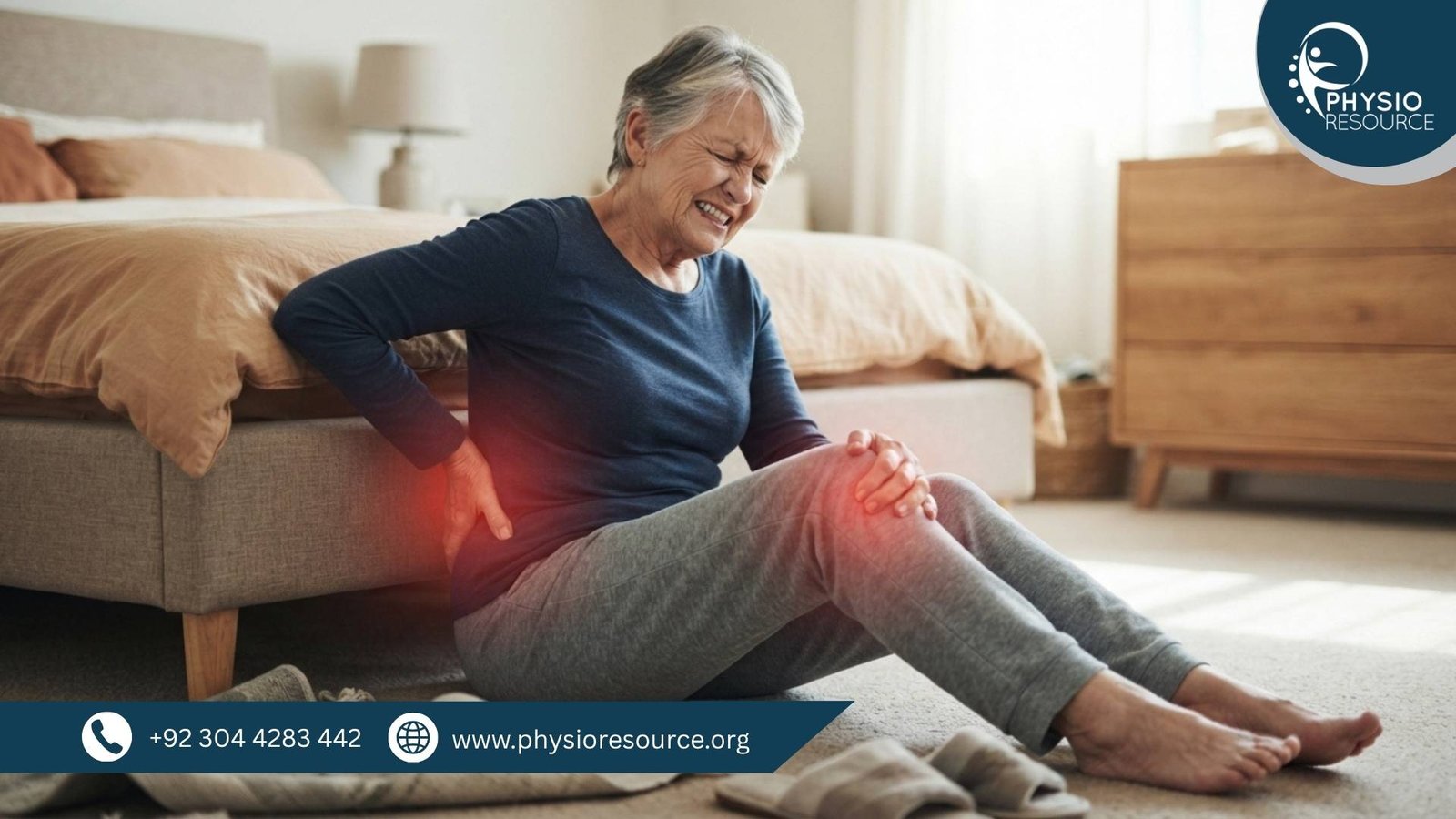 Person experiencing back and joint stiffness after a fall, showing pain and limited movement, highlighting warning signs needing physiotherapy, Physio Resource
