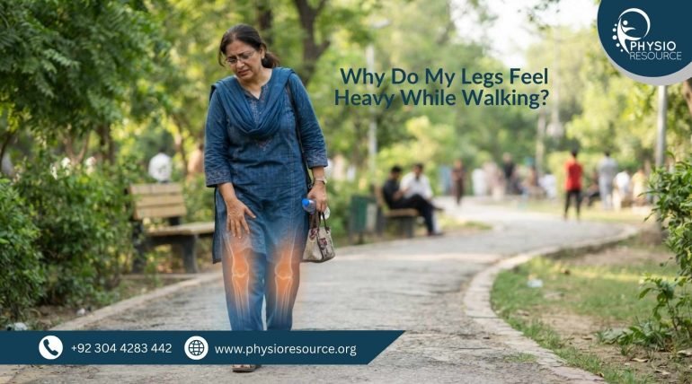 Pakistani adult walking with discomfort and heavy legs feeling in a modern home or outdoor setting – Physio Resource