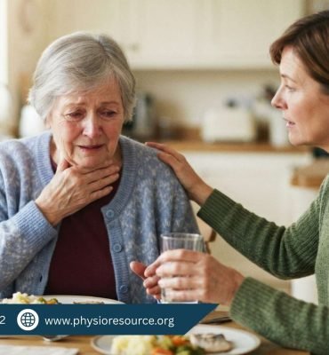 Elderly person coughing while eating with caregiver support, showing swallowing difficulty and choking risk – PhysioResource