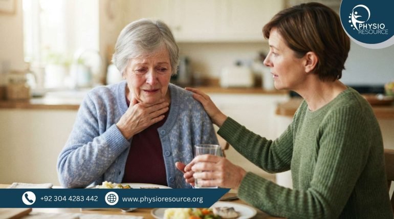 Elderly person coughing while eating with caregiver support, showing swallowing difficulty and choking risk – PhysioResource