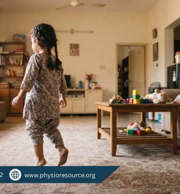 Pakistani toddler walking on toes at home with mother observing, highlighting toe walking habit and need for pediatric physiotherapy, Physio Resource