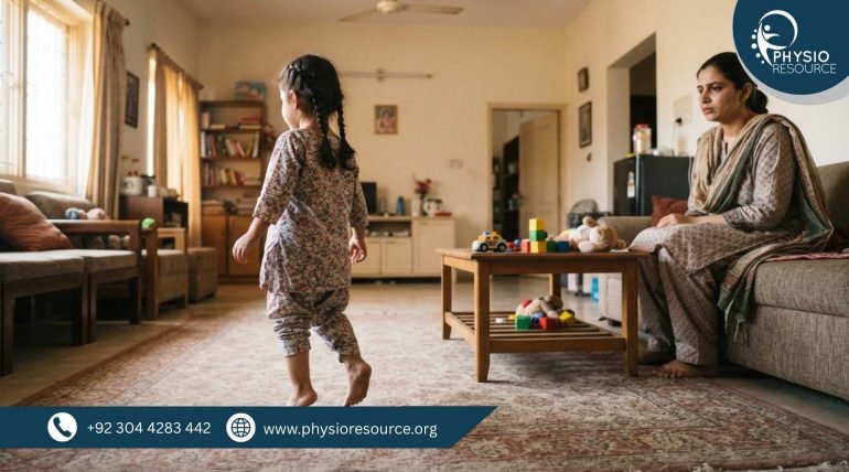 Pakistani toddler walking on toes at home with mother observing, highlighting toe walking habit and need for pediatric physiotherapy, Physio Resource