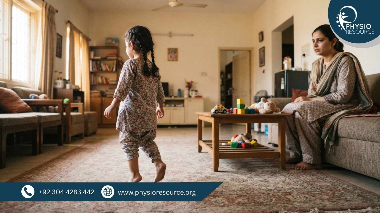 Pakistani toddler walking on toes at home with mother observing, highlighting toe walking habit and need for pediatric physiotherapy, Physio Resource