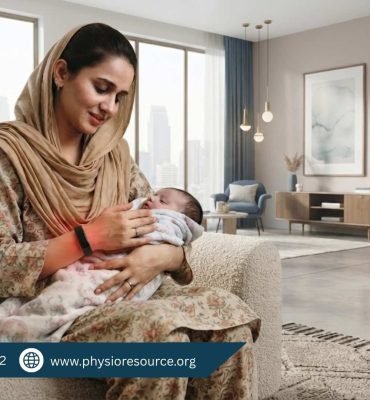 Pakistani mother in modest clothing holding her baby while experiencing wrist pain at home – Physio Resource
