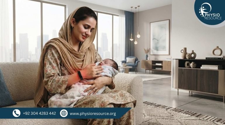 Pakistani mother in modest clothing holding her baby while experiencing wrist pain at home – Physio Resource