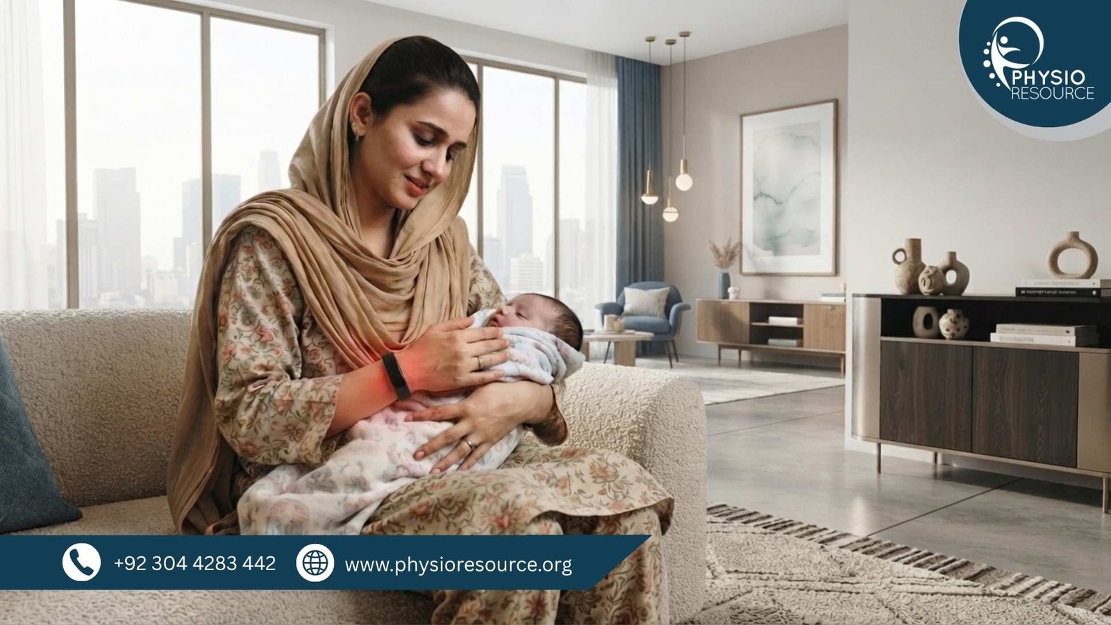 Pakistani mother in modest clothing holding her baby while experiencing wrist pain at home – Physio Resource