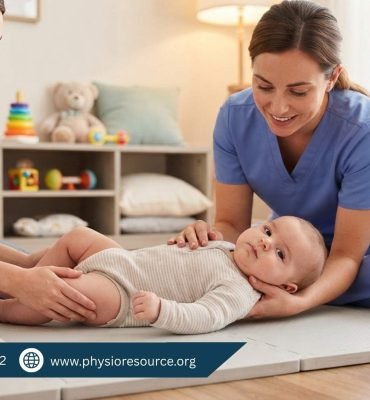 Baby with head tilted to one side while lying down, showing possible torticollis condition and need for pediatric physiotherapy, Physio Resource