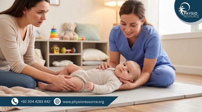 Baby with head tilted to one side while lying down, showing possible torticollis condition and need for pediatric physiotherapy, Physio Resource