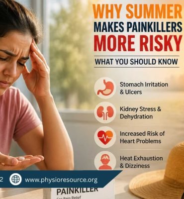Person taking painkillers during hot summer weather with signs of dehydration and heat, highlighting risks of medication use in heat, Physio Resource