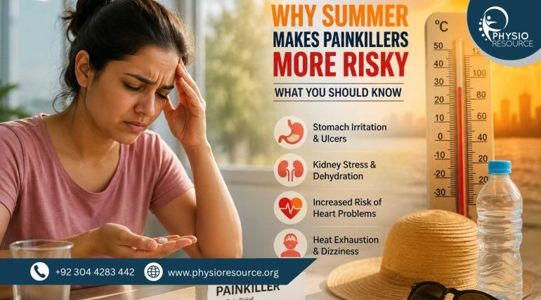 Person taking painkillers during hot summer weather with signs of dehydration and heat, highlighting risks of medication use in heat, Physio Resource
