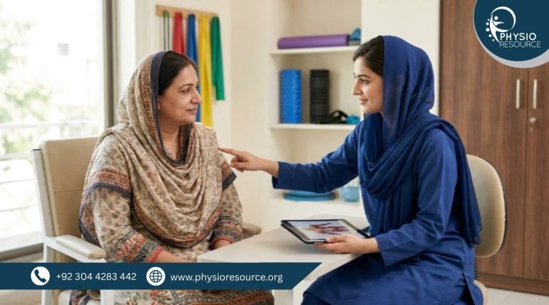 Pakistani woman discussing dry needling treatment with a physiotherapist in a modern clinic – Physio Resource