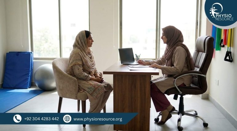 Pakistani woman discussing pelvic floor physiotherapy with a female physiotherapist in a modern clinic – Physio Resource