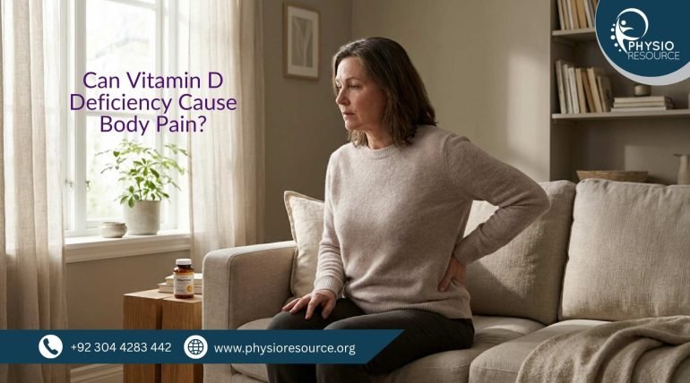 Adult sitting indoors holding arm and shoulder in discomfort, symbolizing body pain linked to vitamin D deficiency