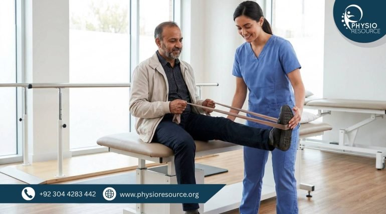Pakistani adult doing physiotherapy exercises during knee replacement recovery – Physio Resource