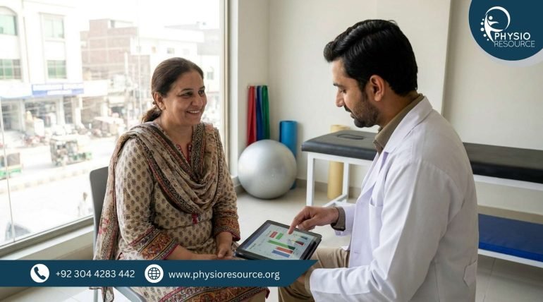 Pakistani adult discussing a personalized physiotherapy treatment plan with a physiotherapist – Physio Resource