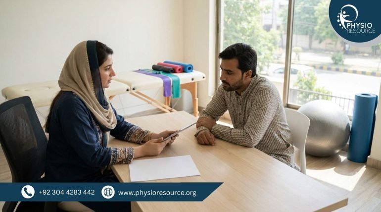 Pakistani patient discussing physiotherapy treatment options with a physiotherapist in a Lahore clinic – Physio Resource