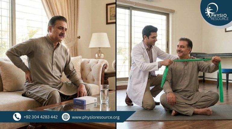 Pakistani adult with back pain comparing physiotherapy and pain relief medication – Physio Resource