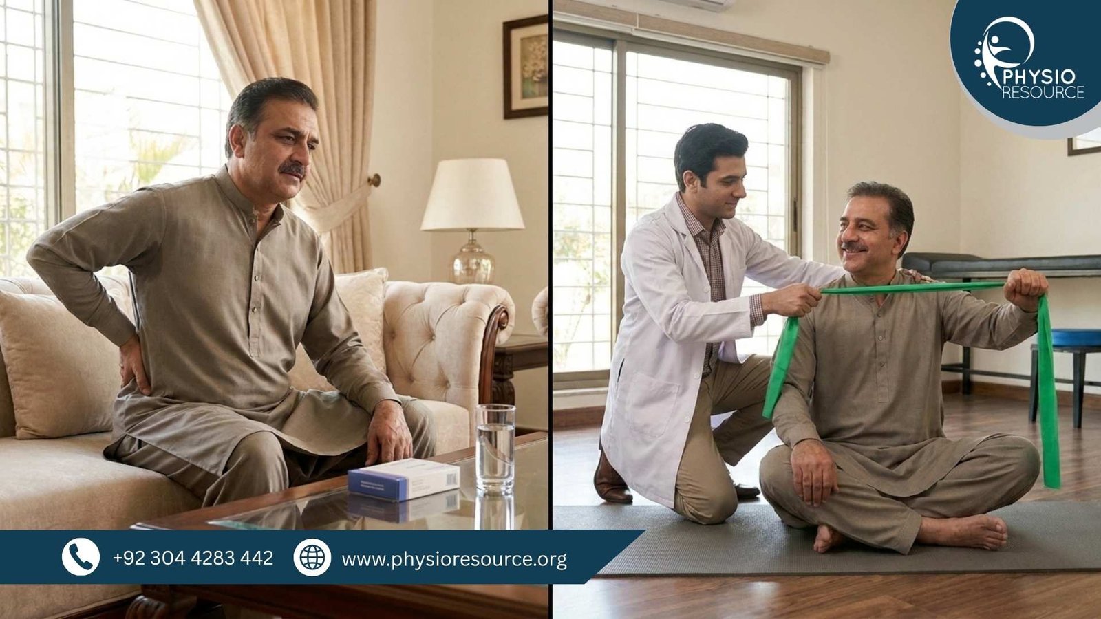 Pakistani adult with back pain comparing physiotherapy and pain relief medication – Physio Resource