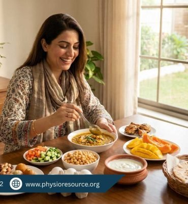 Pakistani woman preparing a healthy meal with vegetables, lentils, eggs and whole-wheat roti for a PCOS-friendly diet – Physio Resource