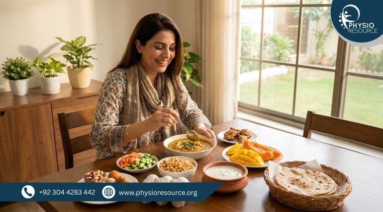 Pakistani woman preparing a healthy meal with vegetables, lentils, eggs and whole-wheat roti for a PCOS-friendly diet – Physio Resource
